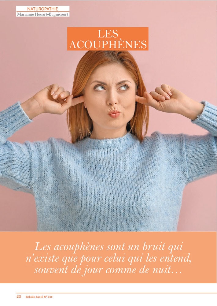 Femme jeune avec expression de gêne, se bouchant les oreilles, illustrant les acouphènes, dans un contexte de santé naturelle et bien-être.