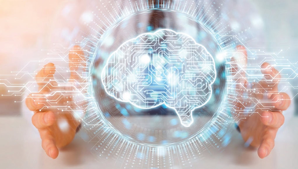 Illustration d'un cerveau numérique avec circuits électroniques, symbolisant l'intelligence artificielle et la technologie dans le domaine de la santé.