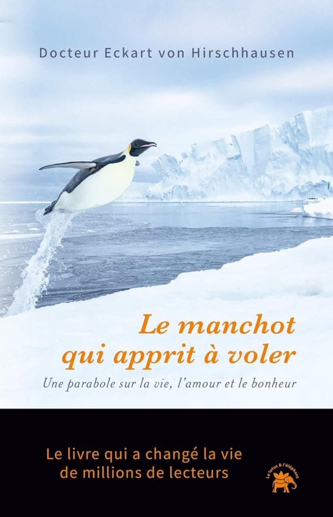Illustration d'un manchot empereur sautant de la glace vers l'océan, avec un paysage glaciaire en arrière-plan, symbolisant la transformation et l'espoir.
