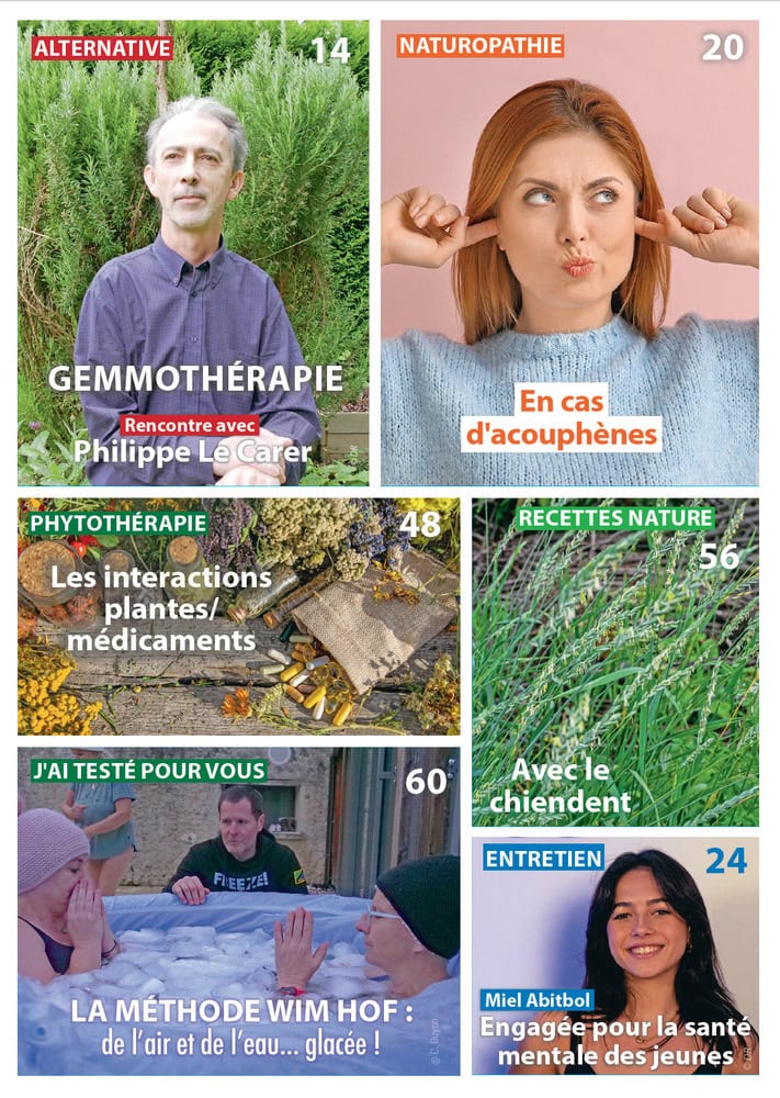 Collage d'images illustrant différentes méthodes de santé naturelles, incluant gemmothérapie, naturopathie, phytothérapie, recettes naturelles, méthode Wim Hof et entretien avec un professionnel de la.